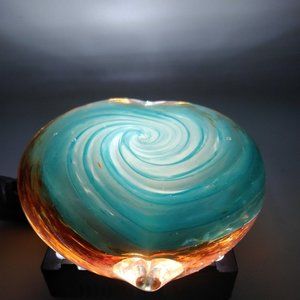 Hand Blown Glass Heart Paperweight Multi Color Swirl Glitter Spiral Center Heavy